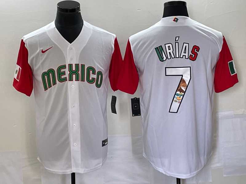 Mens Mexico Baseball #7 Julio Urias Number 2023 White Red World Classic Stitched Jersey 14->2023 world baseball classic->MLB Jersey